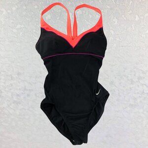 Nike Woman’s One-Piece Racerback Swimsuit Black with Neon Orange and Pink Trim